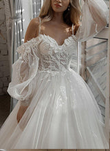 Elegant Sweetheart Tulle Lace Sweep Train Wedding Dresses Lace-Dbrbridal