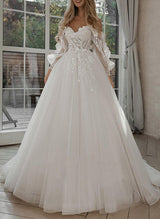 Elegant Sweetheart Tulle Lace Sweep Train Wedding Dresses Lace-Dbrbridal