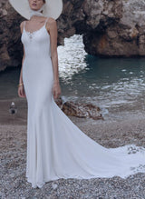Elegant Trumpet Mermaid Fitted V-Neck Jersey Wedding Dresses Appliques Lace-Dbrbridal
