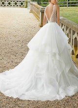 Elegant Tulle Cascading Ruffles V-neck Wedding Dresses-Dbrbridal