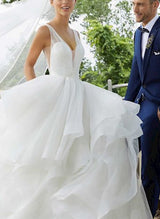 Elegant Tulle Cascading Ruffles V-neck Wedding Dresses-Dbrbridal