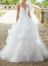 Elegant Tulle Cascading Ruffles V-neck Wedding Dresses-Dbrbridal