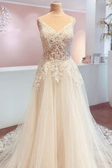 Elegant V-Neck Lace A-Line Wedding Dress-Dbrbridal