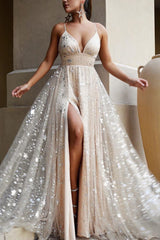 Elegant V-Neck Prom Dress Sequins Long Ball Dresses Split Spaghetti-Straps-Dbrbridal