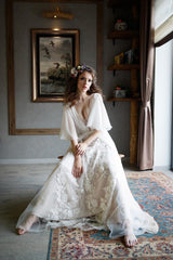Elegant Wedding Dresses V Neck Half Sleeves Backless Lace Bridal Gown-Dbrbridal