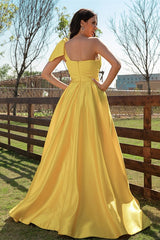Elegant Yellow One Shoulder Long Evening Dress With Slit-Dbrbridal