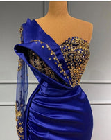 Elgeant Royal Blue One Shoulder Mermaid Prom Dresses with Sleeves-Dbrbridal