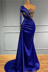 Elgeant Royal Blue One Shoulder Mermaid Prom Dresses with Sleeves-Dbrbridal