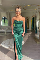 Emerald Green Mermaid Prom Dress: Strapless Sleeveless with High Split and Appliques-Dbrbridal