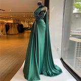 Emerald Green Prom Dress with High Neck Split Appliques Beads and Ruffles-Dbrbridal