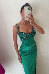 Emerald Green Sequined Sleeveless Mermaid Evening Prom Dresses-Dbrbridal