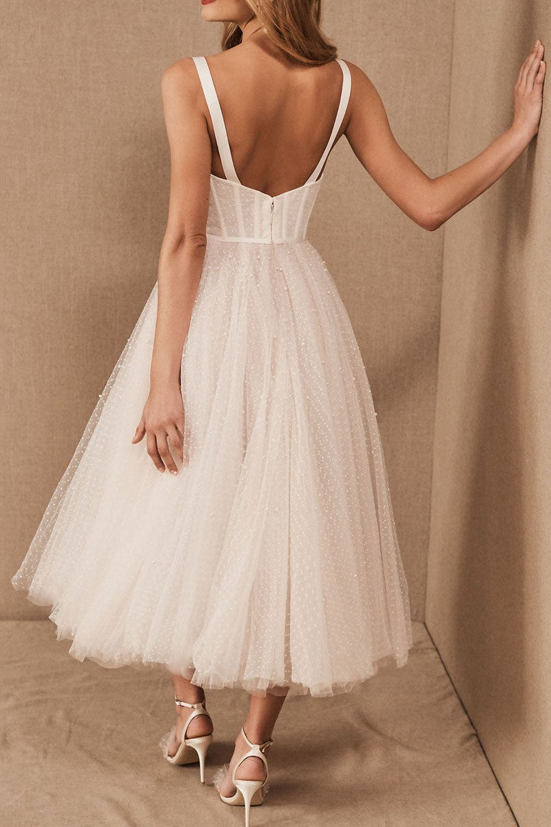 White Bridal Short Dress T-Length A-line Sweetheart Pearls Spaghetti Straps Tea Length Dress – Dbrbridal White Bridal Short Dress T-Length A-line Sweetheart Pearls Spaghetti Straps Tea Length Dress – Dbrbridal