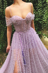 Exquisite Sweetheart Front Slit Long Affordable Tulle Pearls Off-the-Shoulder Prom Dress-Dbrbridal