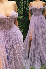 Exquisite Sweetheart Front Slit Long Affordable Tulle Pearls Off-the-Shoulder Prom Dress-Dbrbridal