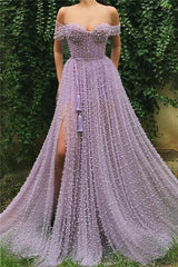 Exquisite Sweetheart Front Slit Long Affordable Tulle Pearls Off-the-Shoulder Prom Dress-Dbrbridal