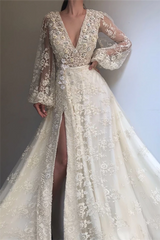 Exquisite Tulle Lace Beading Long Sleeves Party Dresses Chic V-Neck Beading Slit Formal Dresses-Dbrbridal