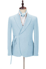 Fabulous Bespoke Sky Blue Peaked Lapel Men Suits with Adjustable Buckle-Dbrbridal