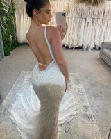 Fabulous Long Mermaid V-neck Beading Sleeveless Backless Wedding Dress With Lace-Dbrbridal