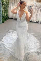 Fabulous Long Mermaid V-neck Beading Sleeveless Backless Wedding Dress With Lace-Dbrbridal