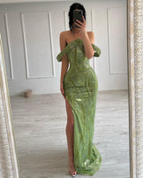 Fabulous Mermaid Sleeveless Satin Sequined Split Limegreen Prom Dress-Dbrbridal