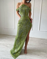 Fabulous Mermaid Sleeveless Satin Sequined Split Limegreen Prom Dress-Dbrbridal