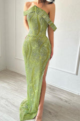 Fabulous Mermaid Sleeveless Satin Sequined Split Limegreen Prom Dress-Dbrbridal