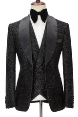 Fabulous Sparkly Black Three Pieces Shawl Lapel Bespoke Wedding Suit for Men-Dbrbridal