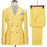 Fabulous Yellow Double Breasted Peaked Lapel Slim Fit Bespoke Men Suits-Dbrbridal