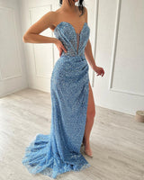 Fashion A-line V-neck Sleeveless Split Front Sequined Blue Prom Dress-Dbrbridal