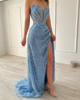 Fashion A-line V-neck Sleeveless Split Front Sequined Blue Prom Dress-Dbrbridal