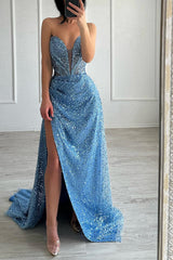 Fashion A-line V-neck Sleeveless Split Front Sequined Blue Prom Dress-Dbrbridal