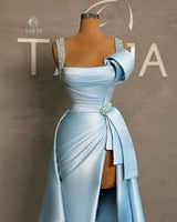 Fashion Long Blue A-line Straps Pearls Sleeveless Prom Dress With Slit-Dbrbridal