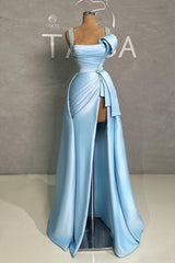 Fashion Long Blue A-line Straps Pearls Sleeveless Prom Dress With Slit-Dbrbridal
