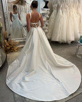 Fashion Long Ivory A-line Straps Satin Sleeveless Backless Wedding Dress With Slit-Dbrbridal