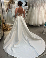 Fashion Long Ivory A-line Straps Satin Sleeveless Backless Wedding Dress With Slit-Dbrbridal