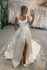 Fashion Long Ivory A-line Straps Satin Sleeveless Backless Wedding Dress With Slit-Dbrbridal