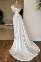 Fashion Long Ivory Mermaid Sleeveless Satin Prom Dress With Pearls-Dbrbridal