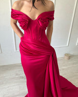 Fashion Long Mermaid Off-the-shoulder Sleeveless V-neck Satin Fuchsia Prom Dress-Dbrbridal
