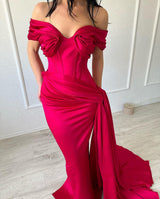Fashion Long Mermaid Off-the-shoulder Sleeveless V-neck Satin Fuchsia Prom Dress-Dbrbridal
