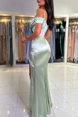 Fashion Long Mermaid Stunning Spaghetti Straps Off-the-shoulder Satin Prom Dress With Slit-Dbrbridal