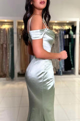 Fashion Long Mermaid Stunning Spaghetti Straps Off-the-shoulder Satin Prom Dress With Slit-Dbrbridal