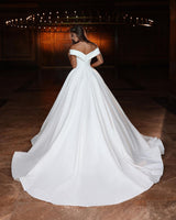 Fashion Long White A-line Off-the-shoulder V-neck Satin Wedding Dress-Dbrbridal