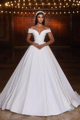Fashion Long White A-line Off-the-shoulder V-neck Satin Wedding Dress-Dbrbridal