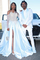 Fashion White Off Shoulder A-Line Side Slit Lace Prom Dress-Dbrbridal