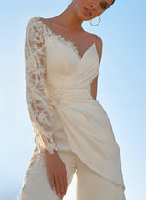 Floor-Length Wedding Jumpsuit Appliques Lace Long Sleeves-Dbrbridal