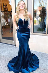 Fomral Winter Ocean Blue Sleeveless Mermaid Velvet Formal Dresses-Dbrbridal
