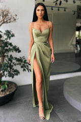 Forest green High-split Long Prom Dress Spaghetti-Straps-Dbrbridal