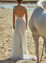 Front Split Chic A-line V-Neck Backless Pleated Tulle Wedding Dresses-Dbrbridal