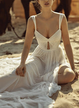 Front Split Chic A-line V-Neck Backless Pleated Tulle Wedding Dresses-Dbrbridal