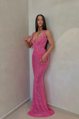 Fuchsia Pink Sleeveless V-Neck Mermaid Prom Dress Sequin-Dbrbridal